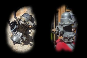 Two views of a mechanical fuel pump, one old and one restored.