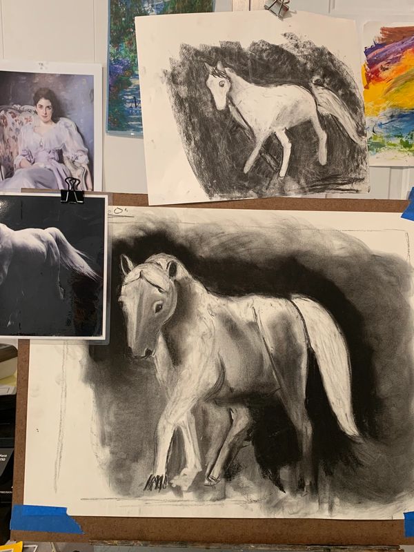 Charcoal drawing of a white horse by young artists. Kids art classes, teen art classes, Roswell GA