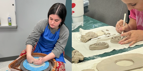 High school students working in clay. One is throwing on a pottery wheel, the other is hand building