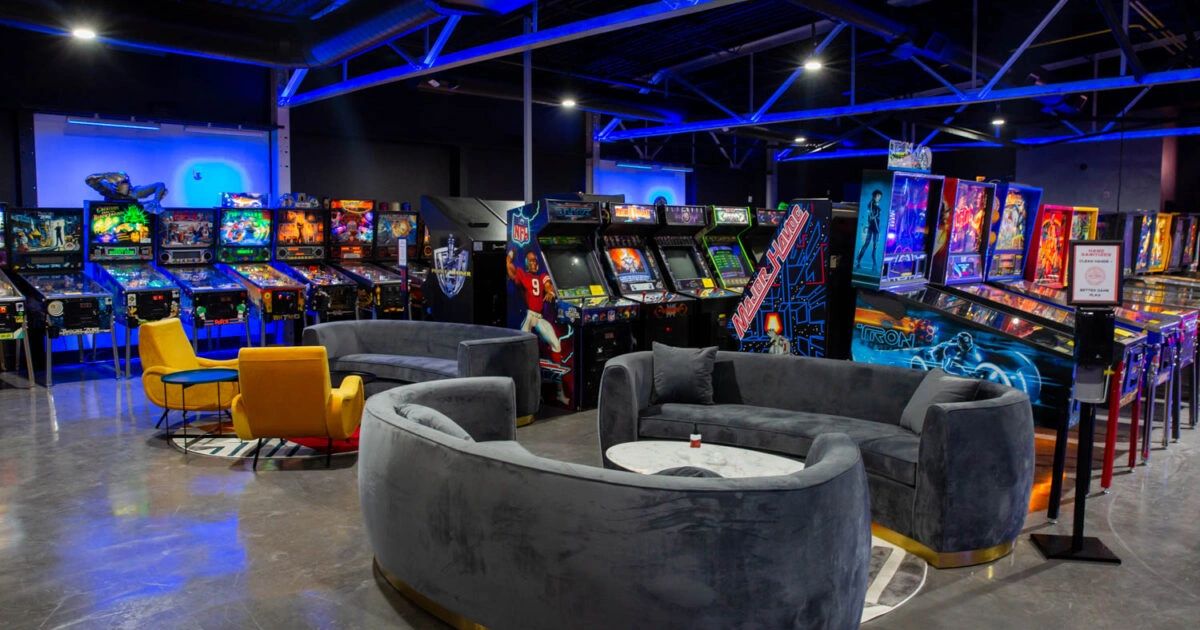 Arcade and pinball machines at Game Terminal in Nashville, TN and lounge area