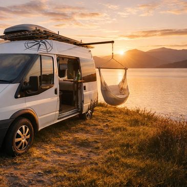 A camper van with a hanging chair by a lakeside at sunset.