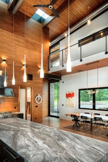 Modern Kitchen, Cool Lights, Walnut