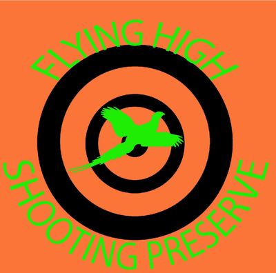 Logo with flying bird and target, text 'Flying High Shooting Preserve'.