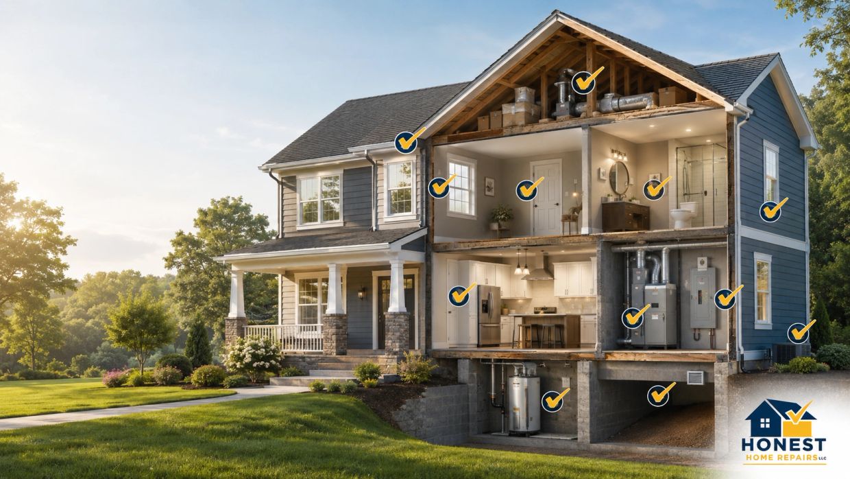 “Cutaway view of a well-maintained home with checkmarks highlighting the roof, attic, windows, plumb