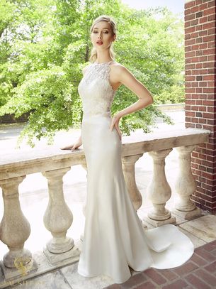 Ivory fitted Satin Wedding gown with beaded Illusion neckline