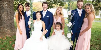 Bridal Party, French Blue Tuxedo, Petal Pink Bridesmaid Dresses, Wedding gown, Flower Girl Dress