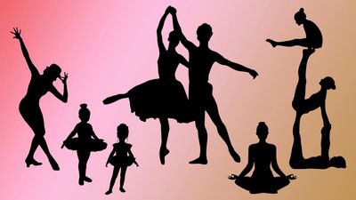 Silhouettes of ballet dancers against a pink background.