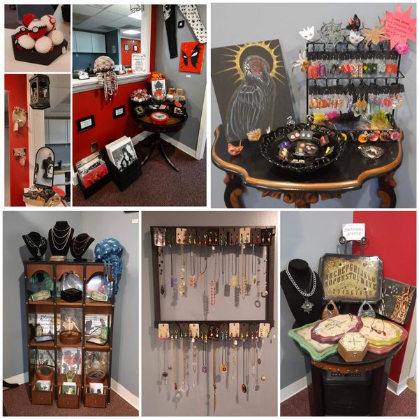 Locally made arts & crafts on display, for sale, at Brother Raven's Tattoo & Art Emporium