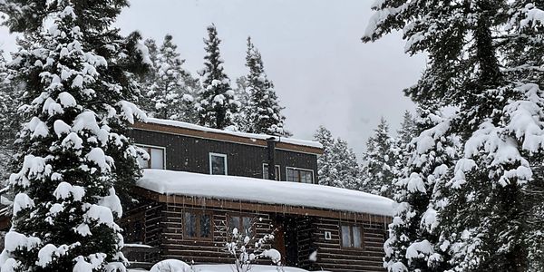 Snow covered mountain cabin and pine trees
