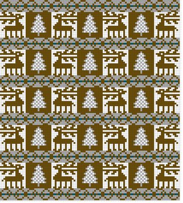 Nordic mosaic mural with pine trees, deer, and repeating loop patterns