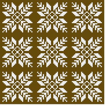 Nordic mosaic mural of large white snowflakes on brown background
