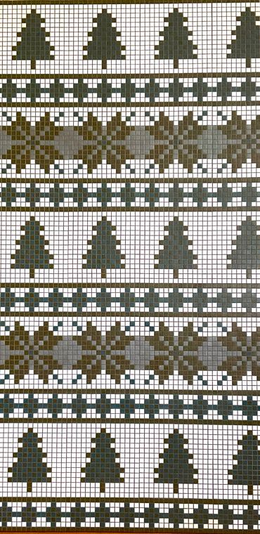 Nordic mosaic mural with repeating patterns of pine trees and snowflakes