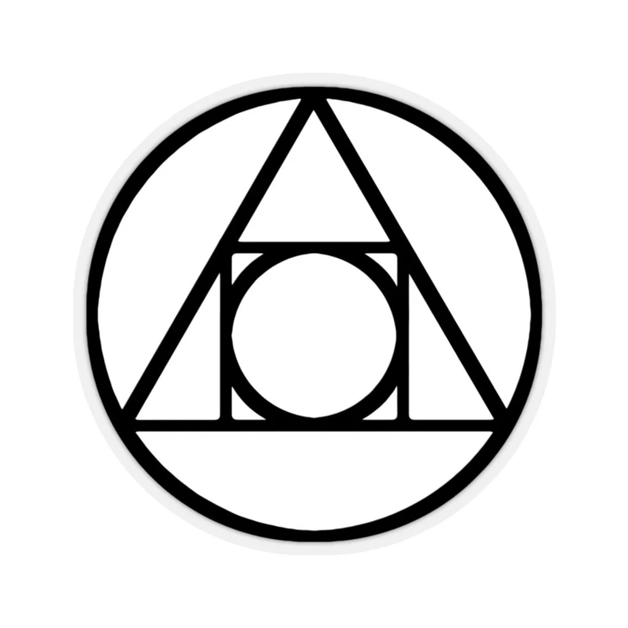 Geometric design with circle, triangle, and square inside a larger circle.