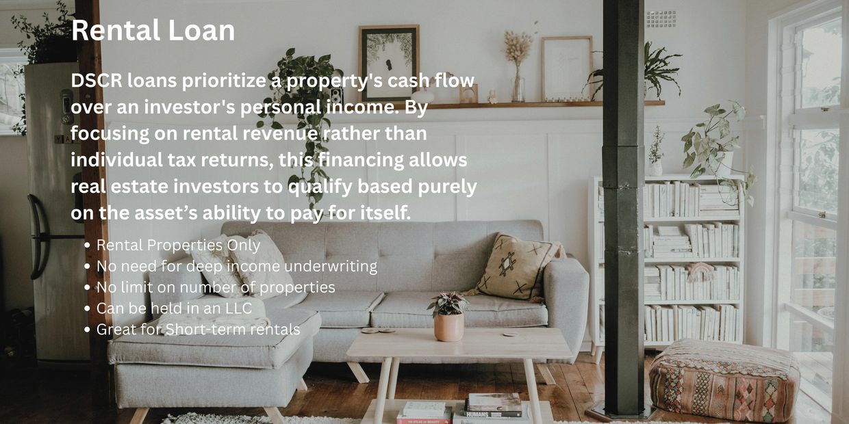 Cozy living room with rental loan information overlay.
