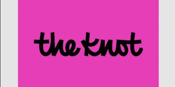 Logo of 'the knot' in black on a bright pink background.