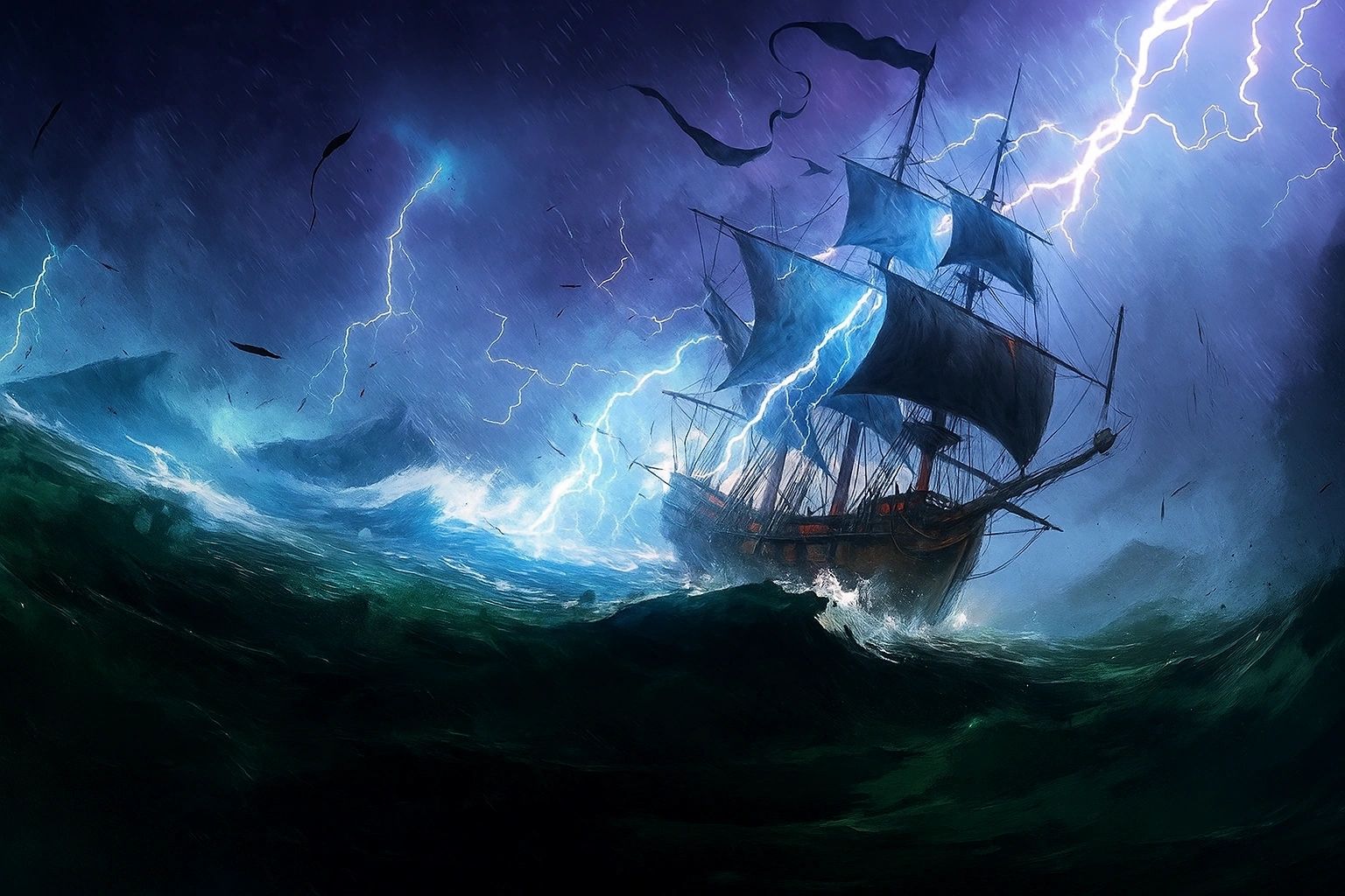 A ship battles a violent storm with lightning and towering waves.
