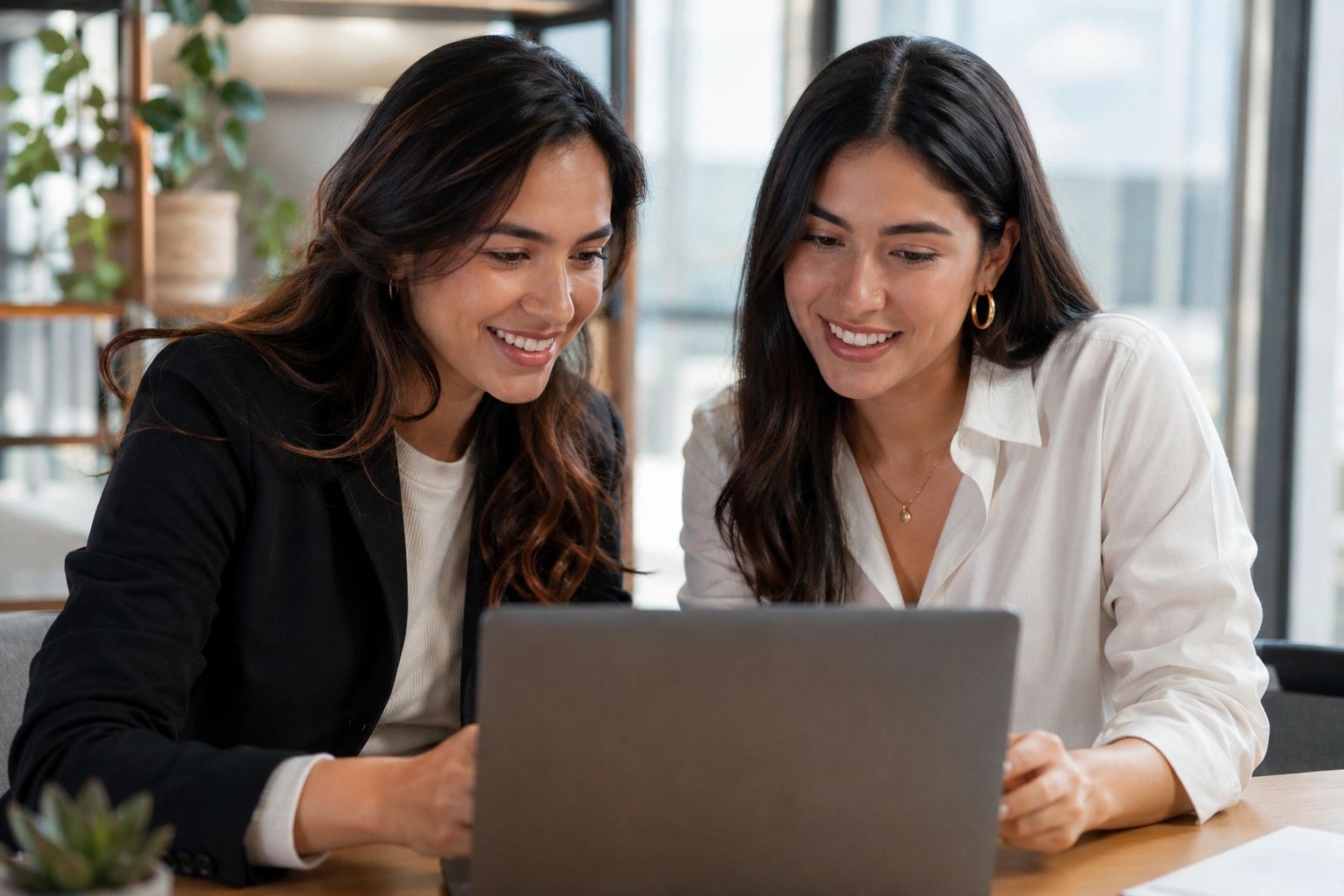 Two women smiling and working together on a laptop.