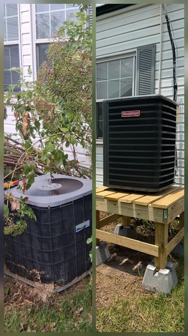 Before and after shots of an air conditioning unit replacement.