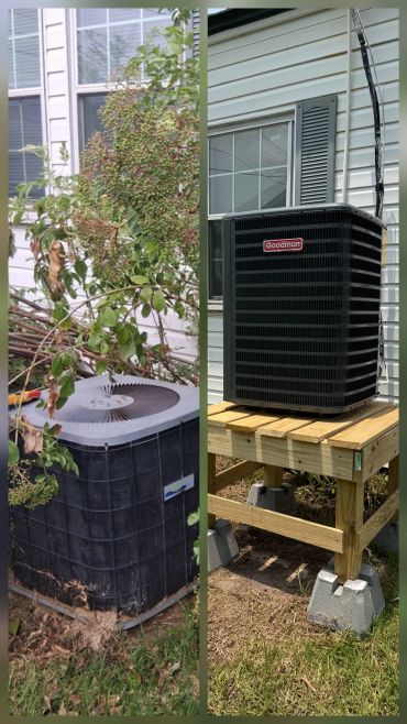 Before and after shots of an air conditioning unit replacement.