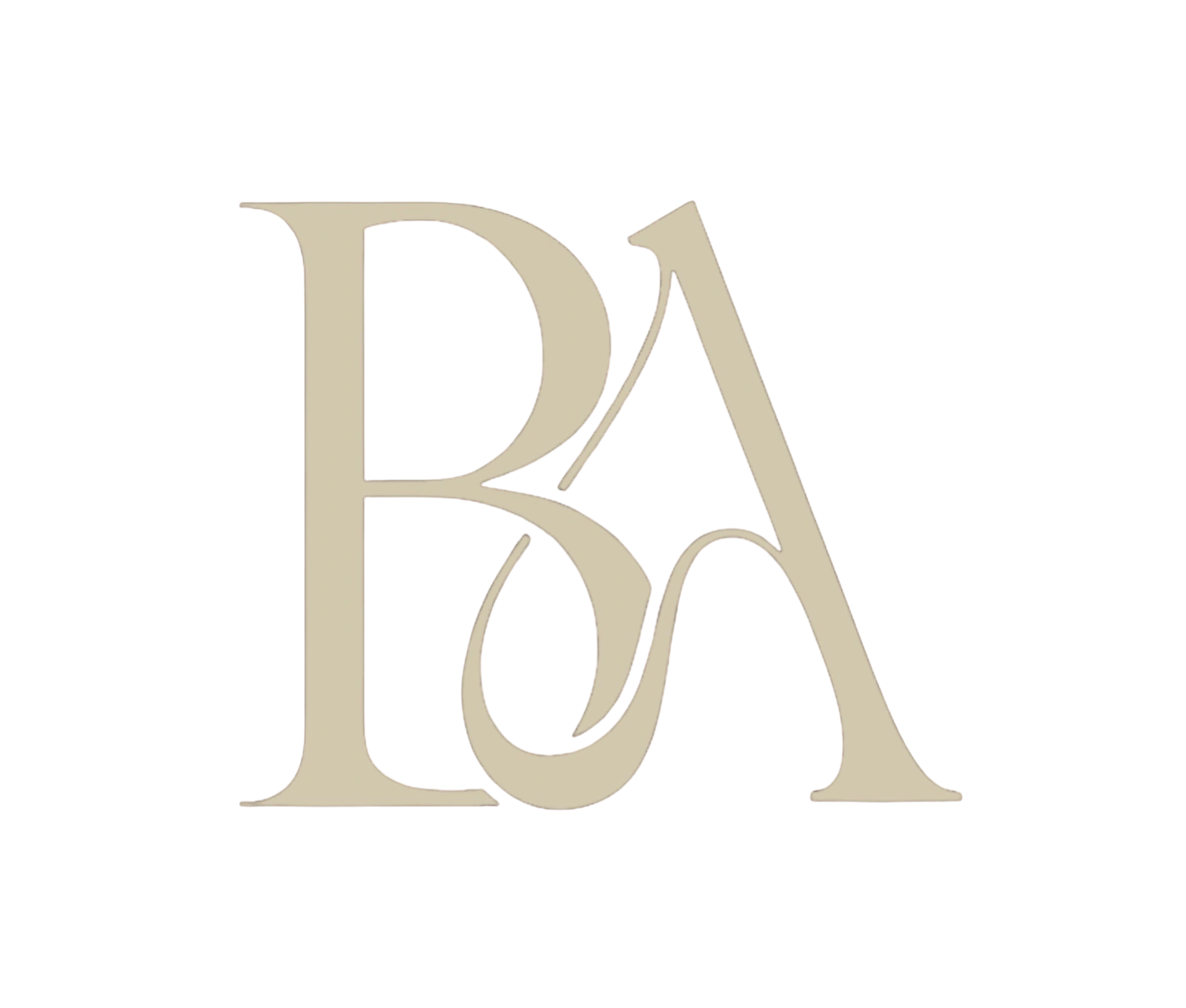 Elegant monogram logo featuring intertwined letters B and A in beige.
