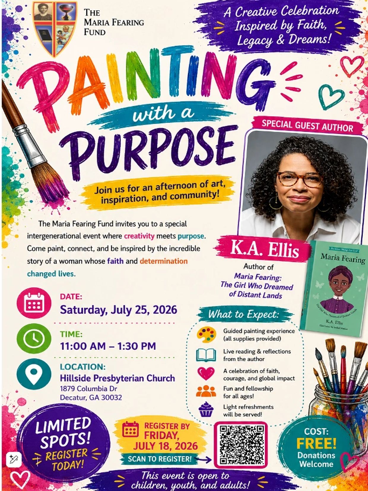 Painting with a Purpose event featuring author K.A. Ellis on July 25, 2026, at Hillside Presbyterian Church.