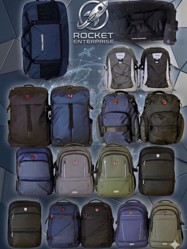 A collection of various backpacks and duffel bags with Rocket Enterprise branding.