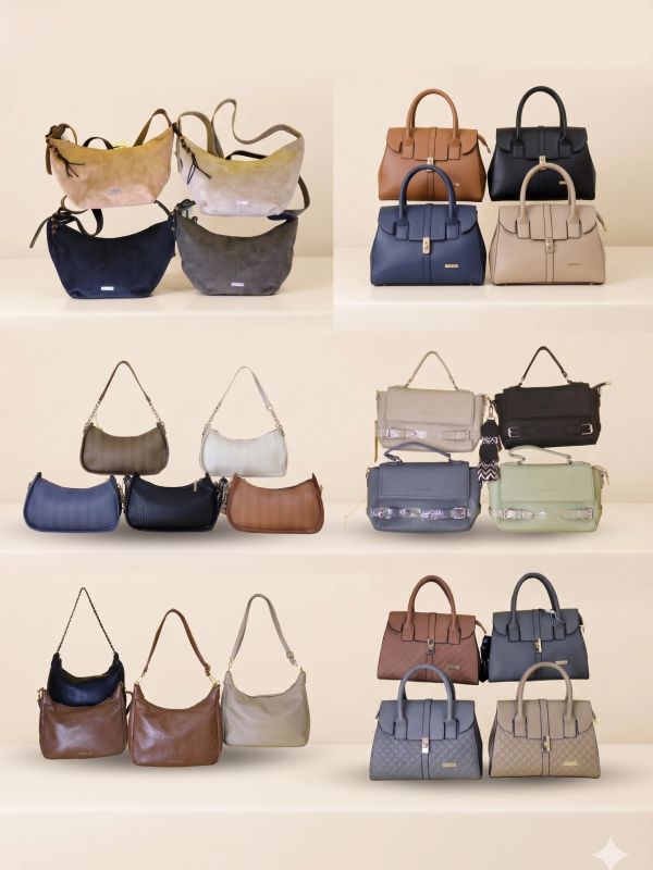 A collection of various stylish handbags in different colors and designs displayed in rows.