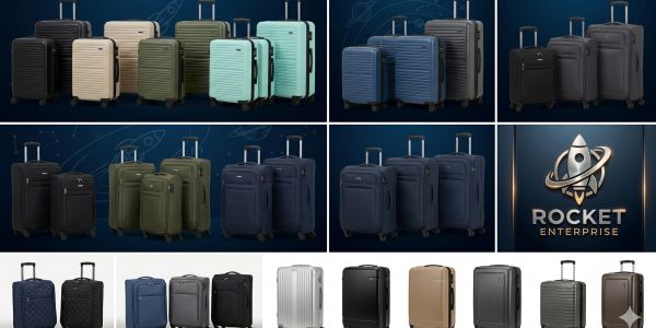 Various sets of hard and soft shell luggage in multiple colors against a dark background.