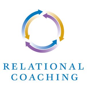 Relational Coaching logo, comprised of three sets of arrows in blue, purple & gold around a circle.