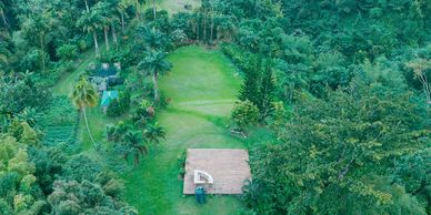 A small house surrounded by lush greenery and trees.