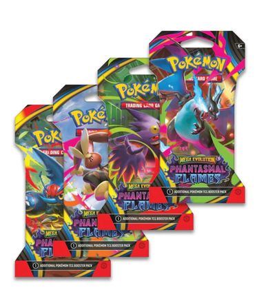 Four Pokémon TCG Mega Evolution Phantasmal Flames booster packs with vibrant character art.