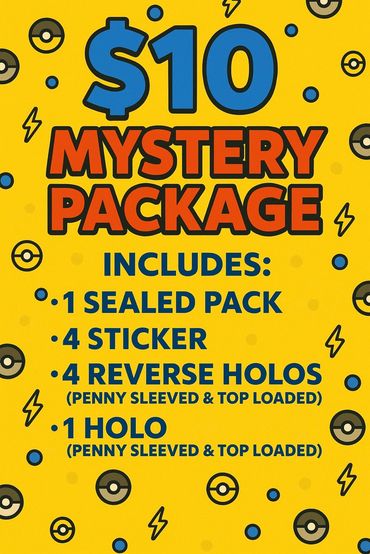 $10 mystery package with sealed pack, stickers, and holographic cards.