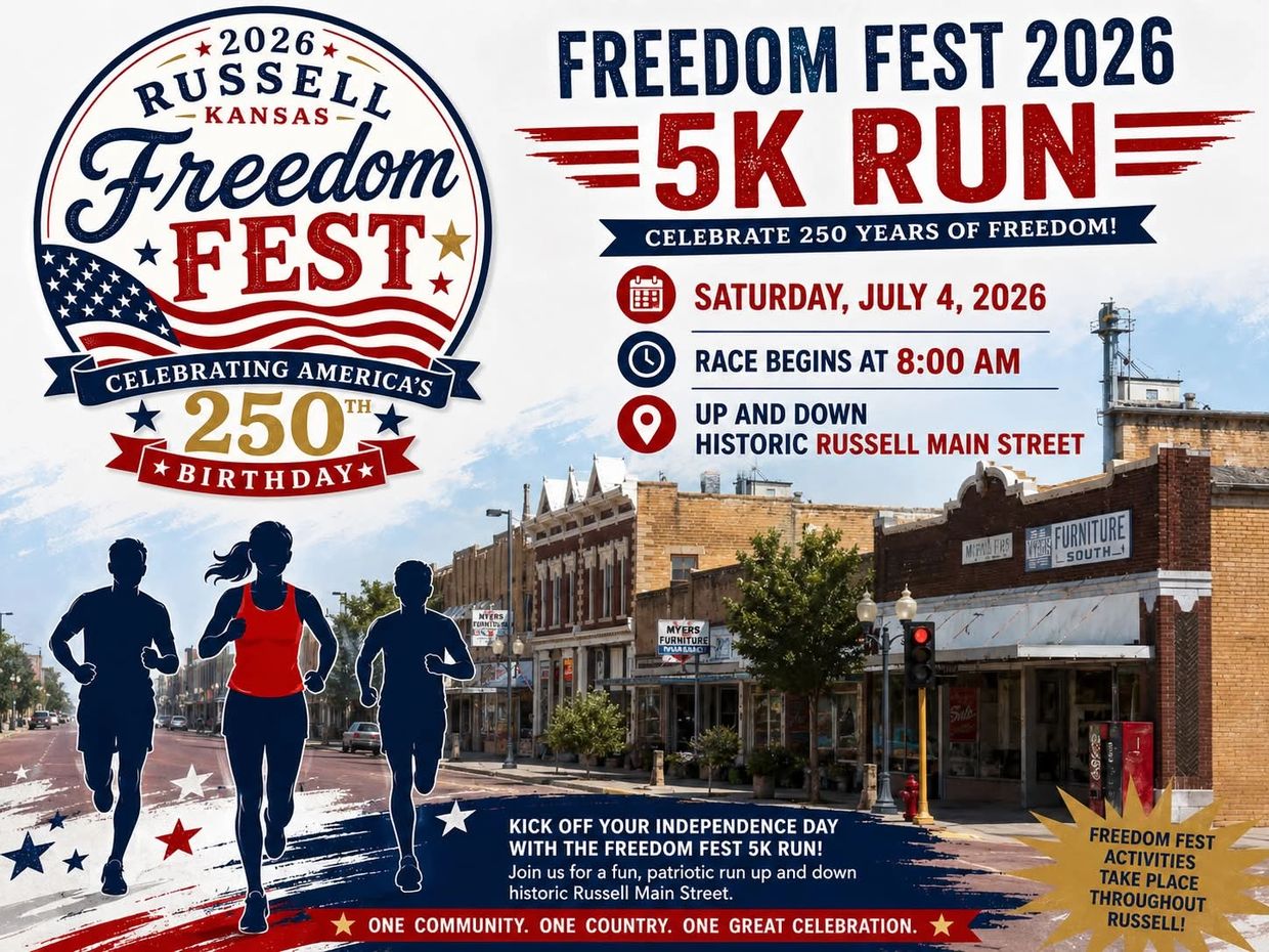 Freedom Fest 2026 5K Run in Russell, Kansas on July 4 celebrating 250 years of independence.