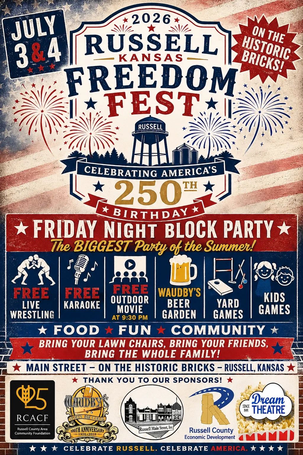 Russell Freedom Fest 2026 celebrating America's 250th birthday with free events and community fun.
