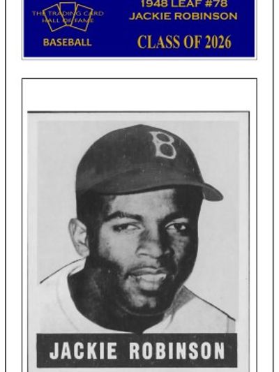 Black and white baseball card featuring Jackie Robinson with a Brooklyn Dodgers cap.