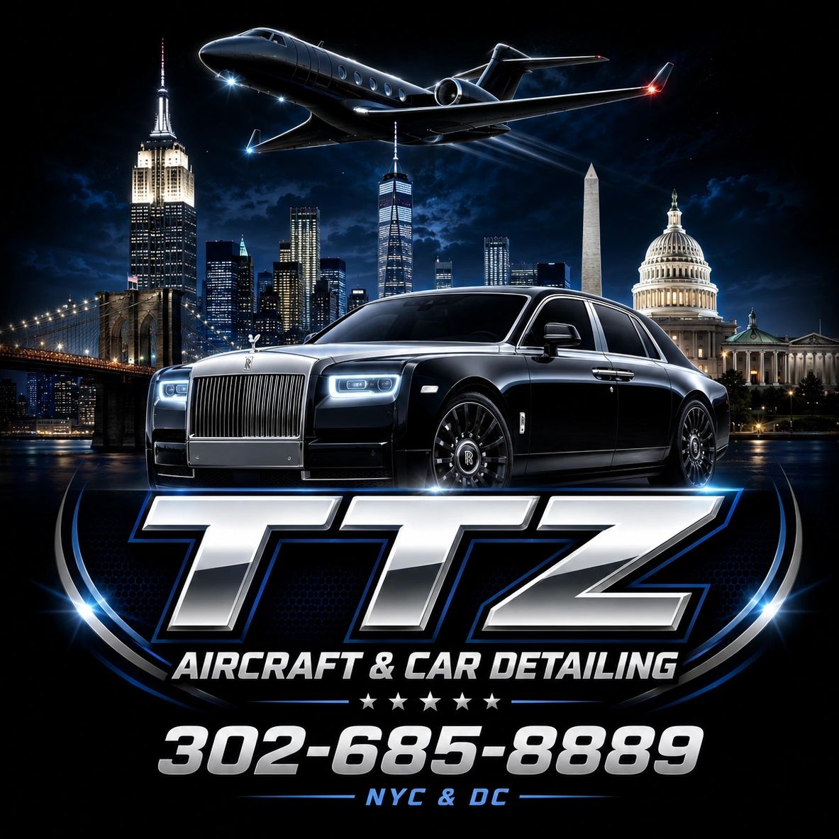 Luxury car and aircraft detailing service with NYC and DC cityscape.