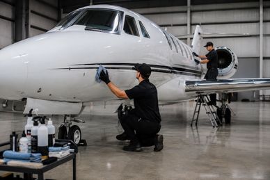 Two workers polishing a private jet inside a hangar.