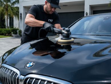 Man polishing a black BMW car hood with an electric buffer.