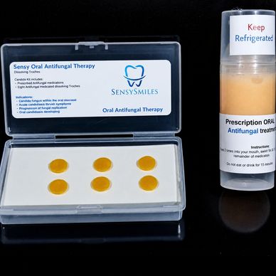 Oral antifungal therapy kit with dissolution troches and prescription.