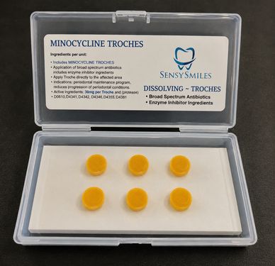 Box of Minocycline Troches with six yellow tablets.