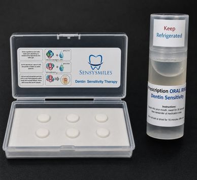 SensySmiles dentin sensitivity therapy kit with tablets and oral rinse.