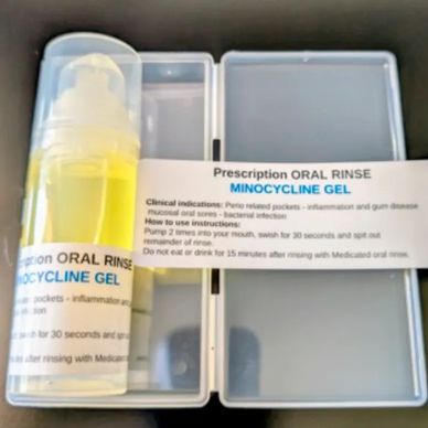 Prescription oral rinse Minocycline gel in a case.