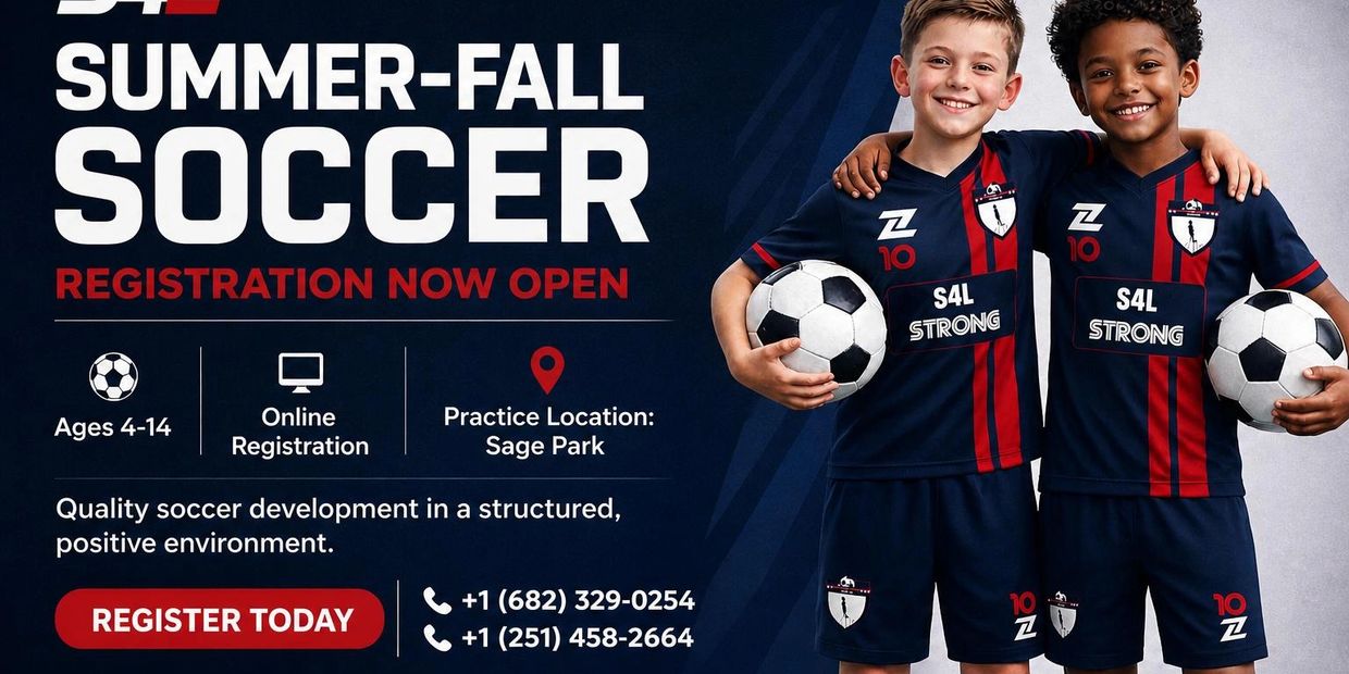 Two boys in soccer uniforms holding balls, promoting summer-fall soccer registration.
