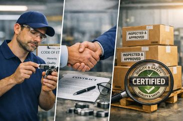 Man inspecting a mechanical part with a code of ethics board behind him.