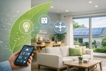 Smart home control via smartphone with eco-friendly energy icons and solar panels.