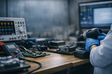 Engineer wearing blue gloves working with electronic tools and devices on a wooden table.