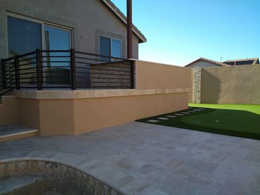 Modern horizontal steel deck railing for elevated patio, oil-rubbed bronze finish