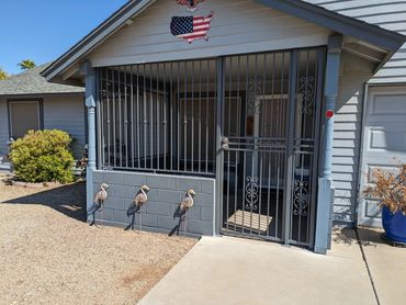 Portico entry gate with decorative scrollwork and vertical pickets for secure front entry.