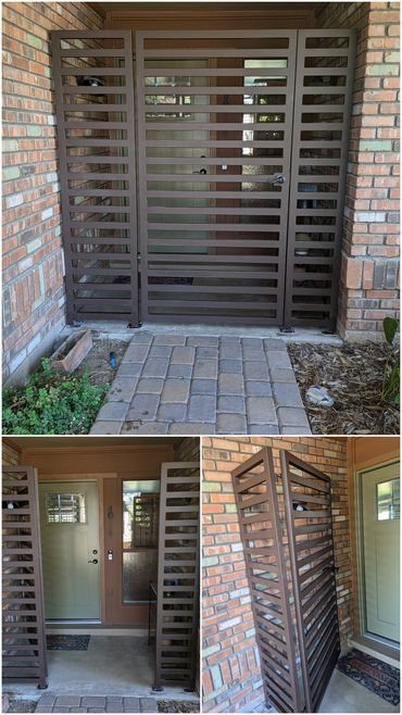 Front entry portico gate with modern horizontal design and secure residential entry.