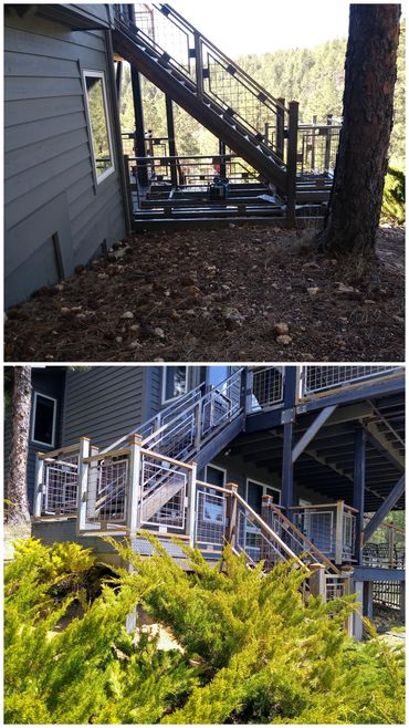 Industrial theme steel stair railings with framed wire mesh panels in Flagstaff, Arizona